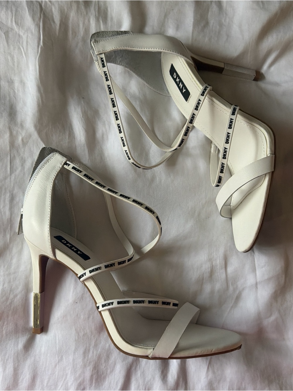 DKNY White Strappy Logo-Trim Stiletto Sandals